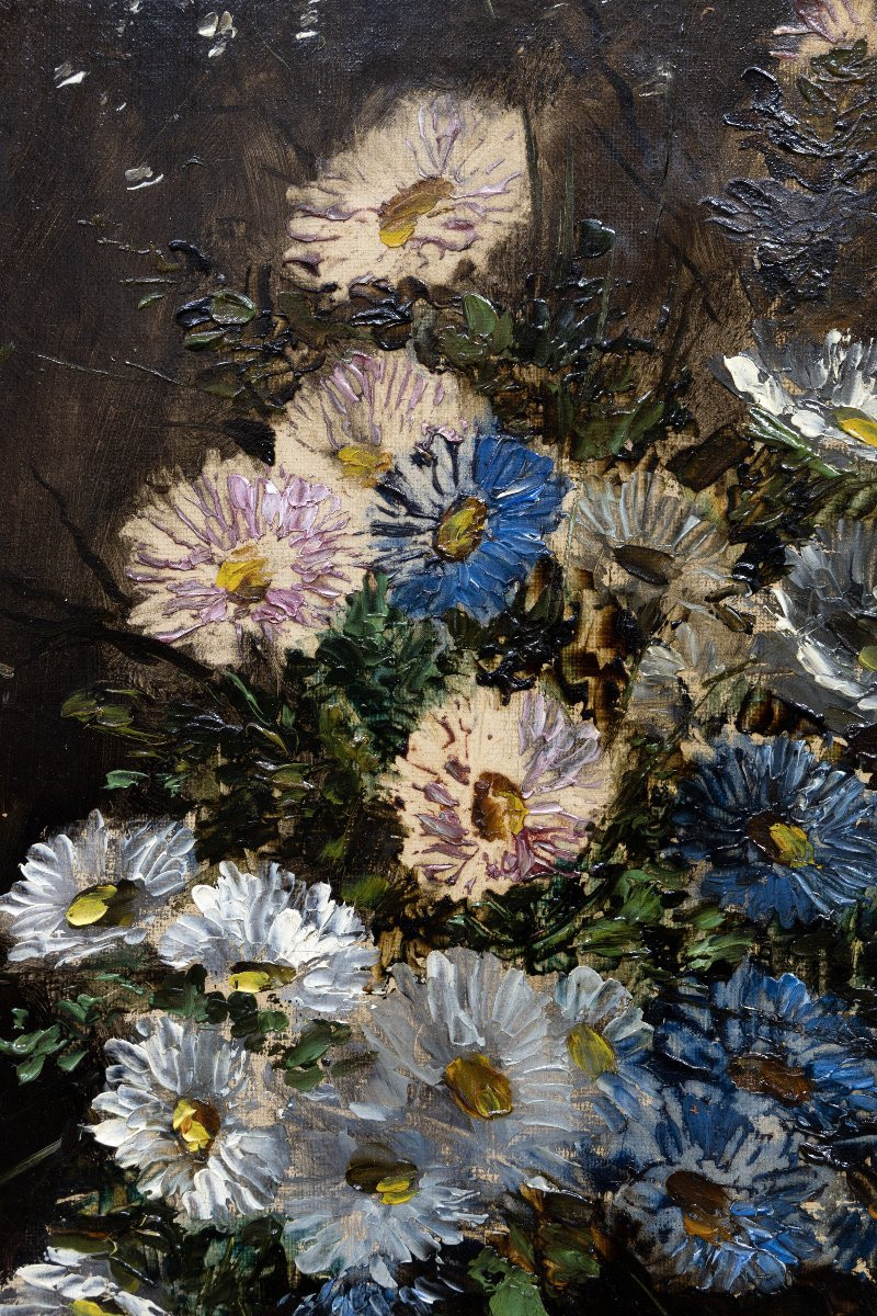 Eugène Henri CAUCHOIS – Bouquet d’asters sur table de jardin -  Huile sur toile – Signée -photo-2