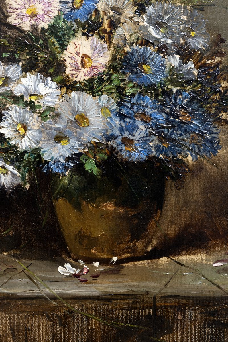 Eugène Henri CAUCHOIS – Bouquet d’asters sur table de jardin -  Huile sur toile – Signée -photo-4