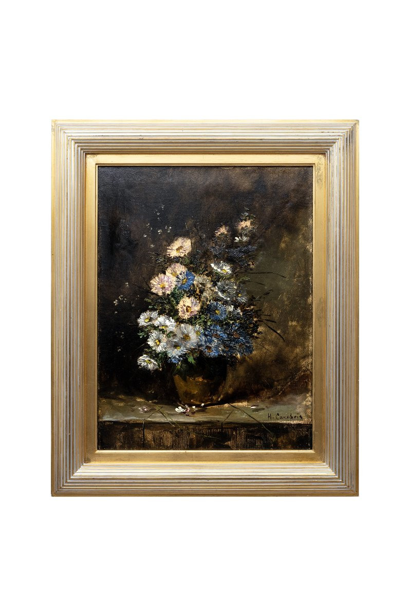 Eugène Henri CAUCHOIS – Bouquet d’asters sur table de jardin -  Huile sur toile – Signée -photo-5