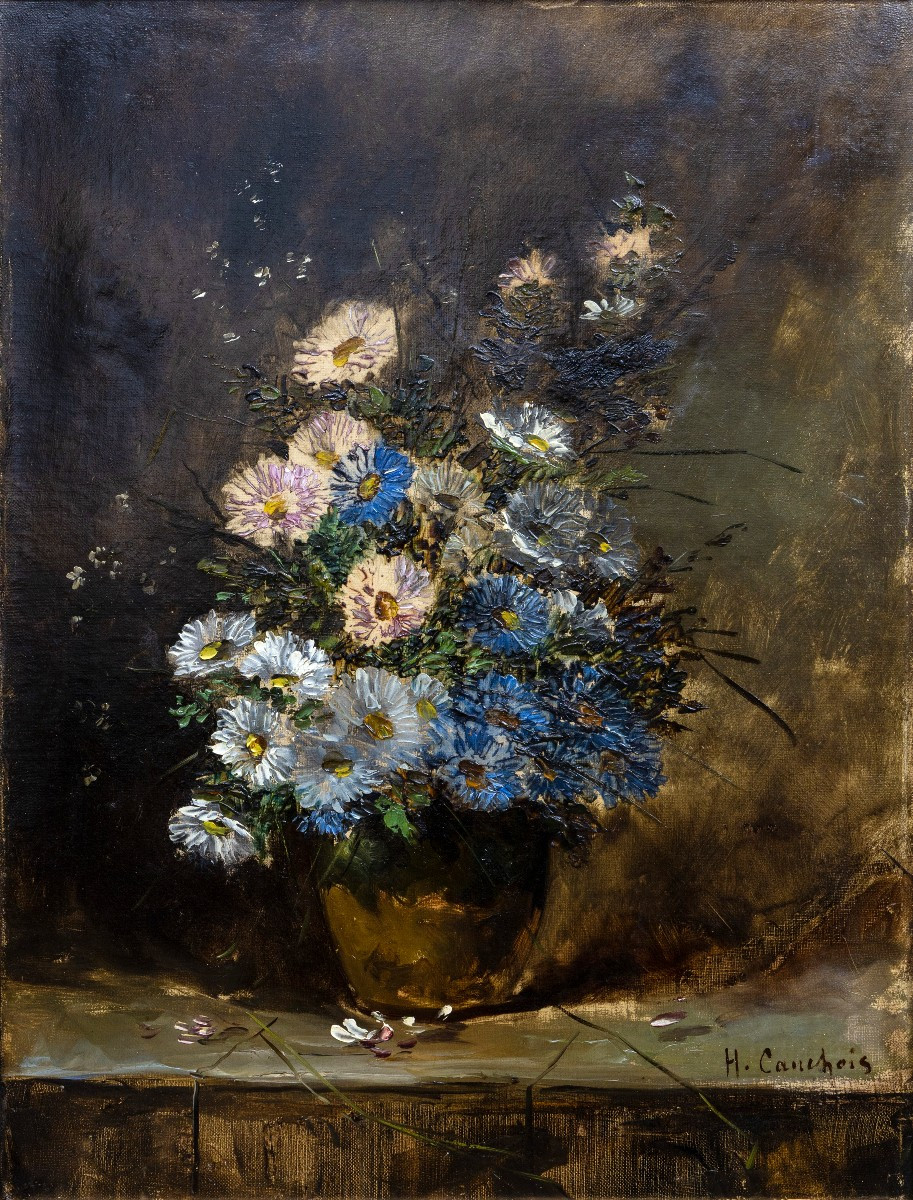 Eugène Henri CAUCHOIS – Bouquet d’asters sur table de jardin -  Huile sur toile – Signée 