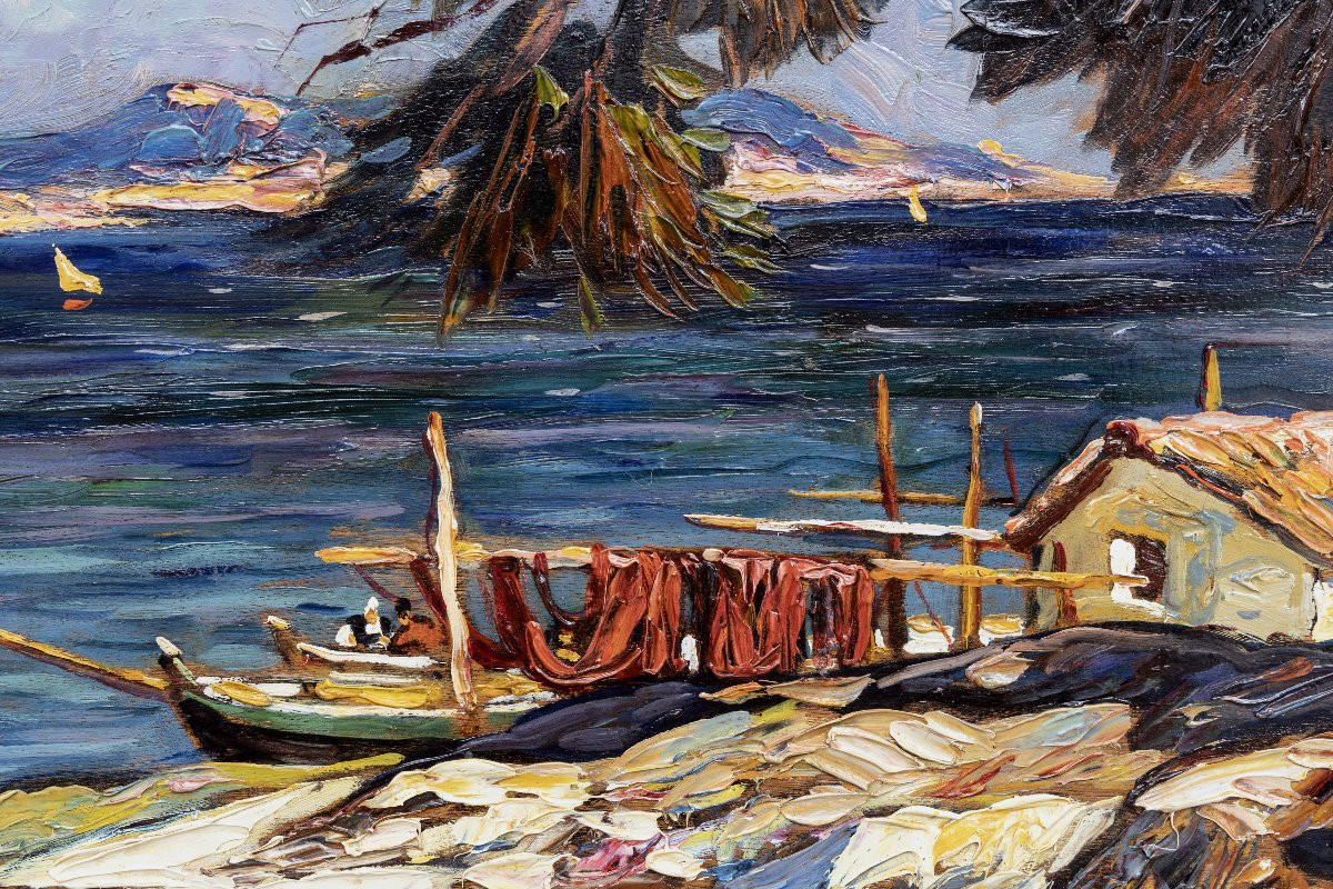 Gustave VIDAL - Marine provençale - Huile sur panneau - Signée-photo-2