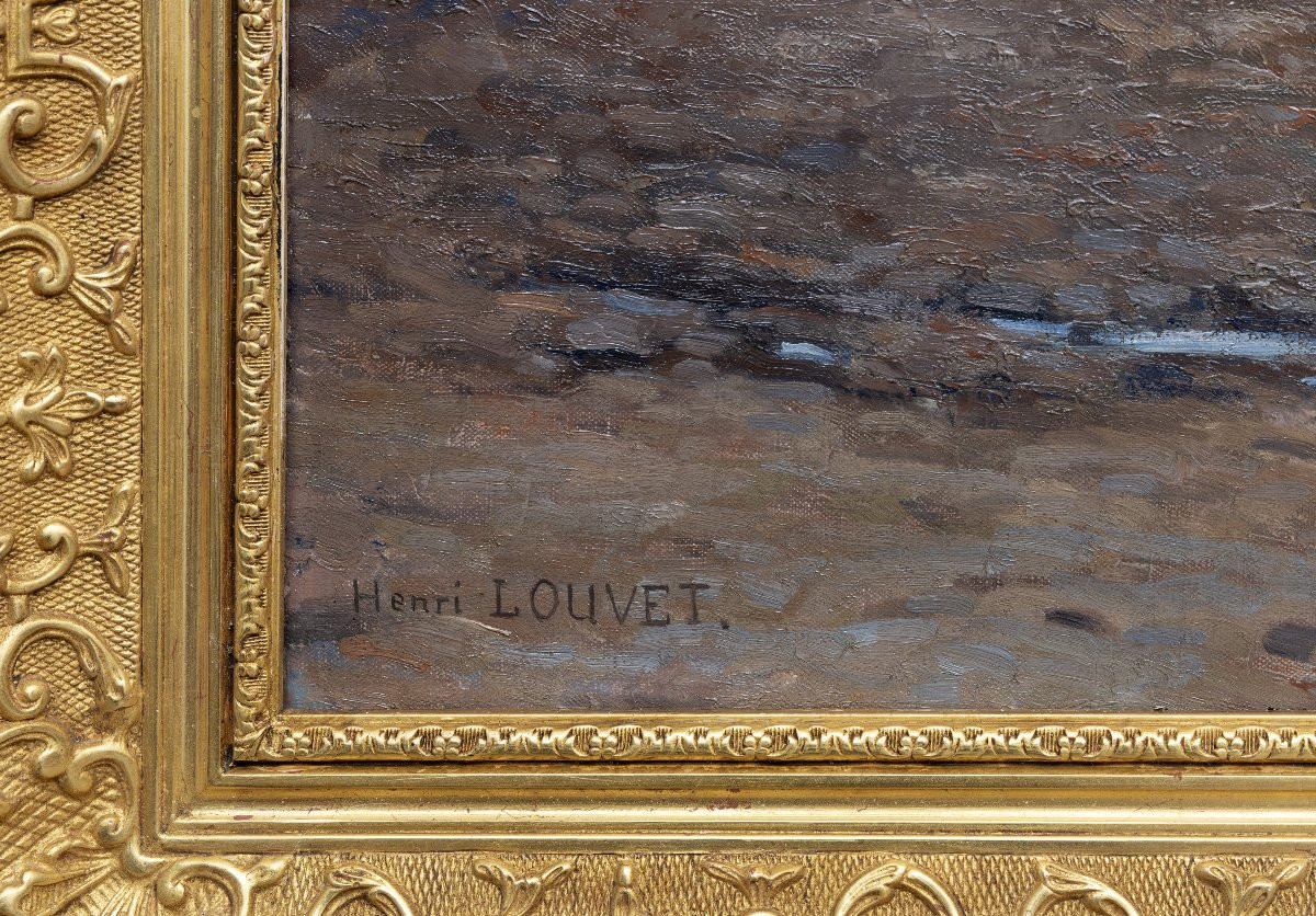 Henri Eugène Louvet – Sailors At Work, Port Of Brittany - Oil On Canvas – Signed -photo-3