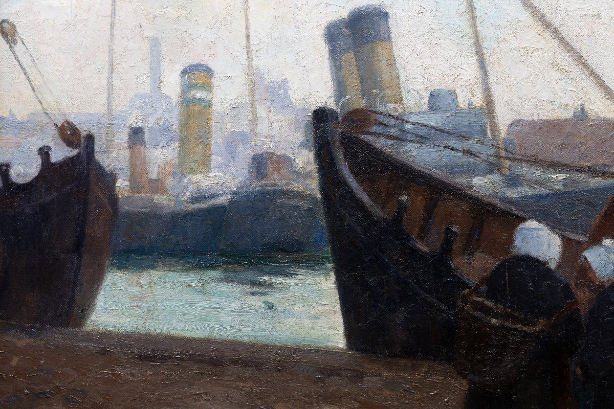 Henri Eugène Louvet – Sailors At Work, Port Of Brittany - Oil On Canvas – Signed -photo-2