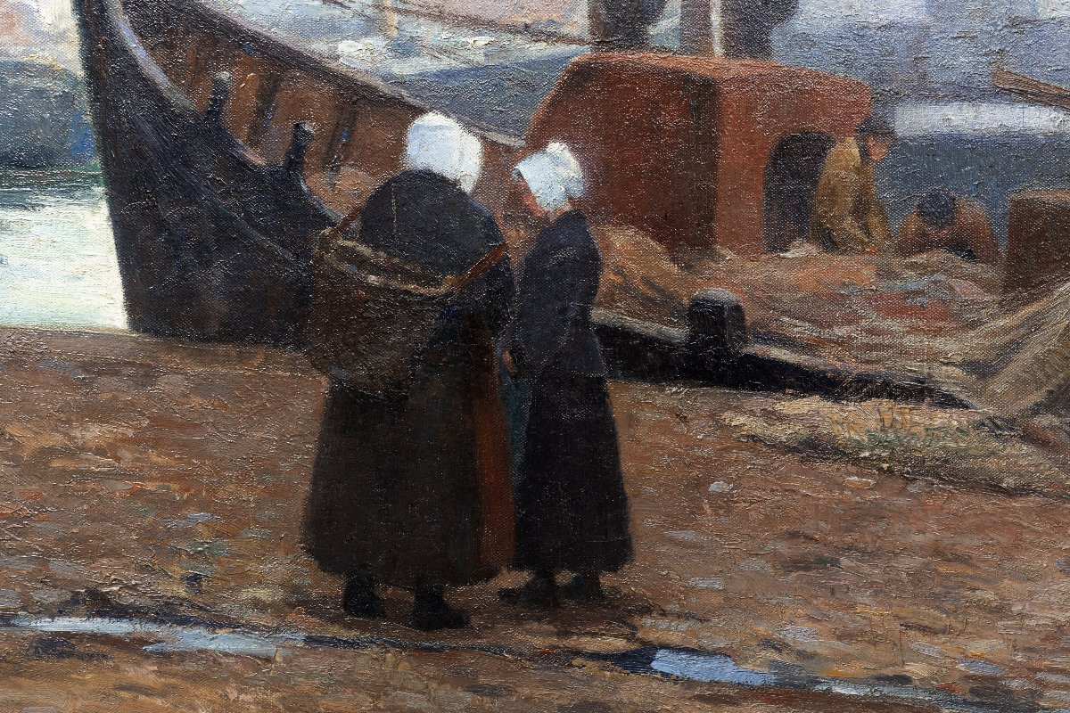 Henri Eugène Louvet – Sailors At Work, Port Of Brittany - Oil On Canvas – Signed -photo-3