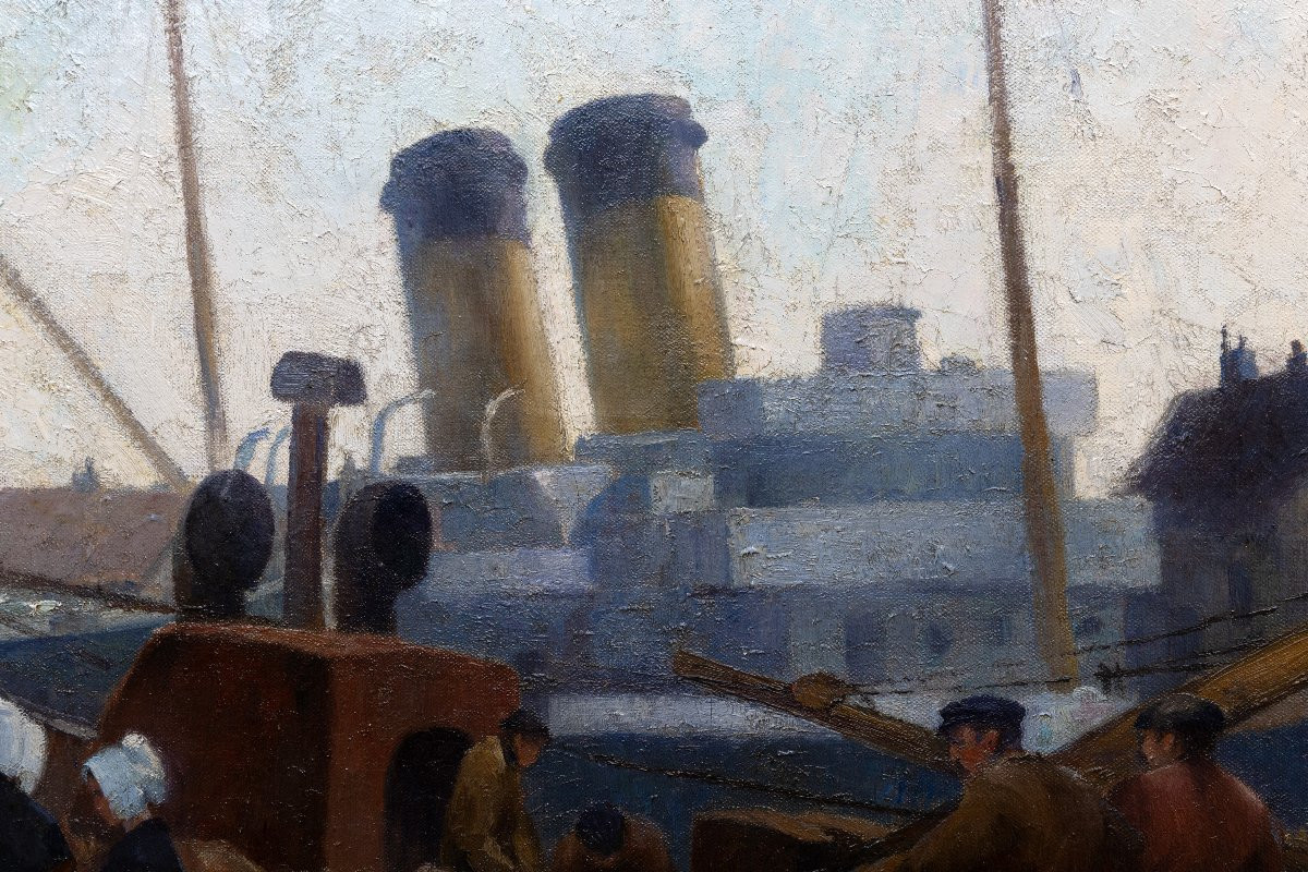 Henri Eugène Louvet – Sailors At Work, Port Of Brittany - Oil On Canvas – Signed -photo-5