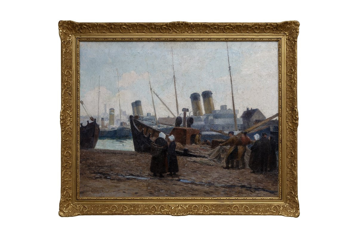 Henri Eugène Louvet – Sailors At Work, Port Of Brittany - Oil On Canvas – Signed -photo-6