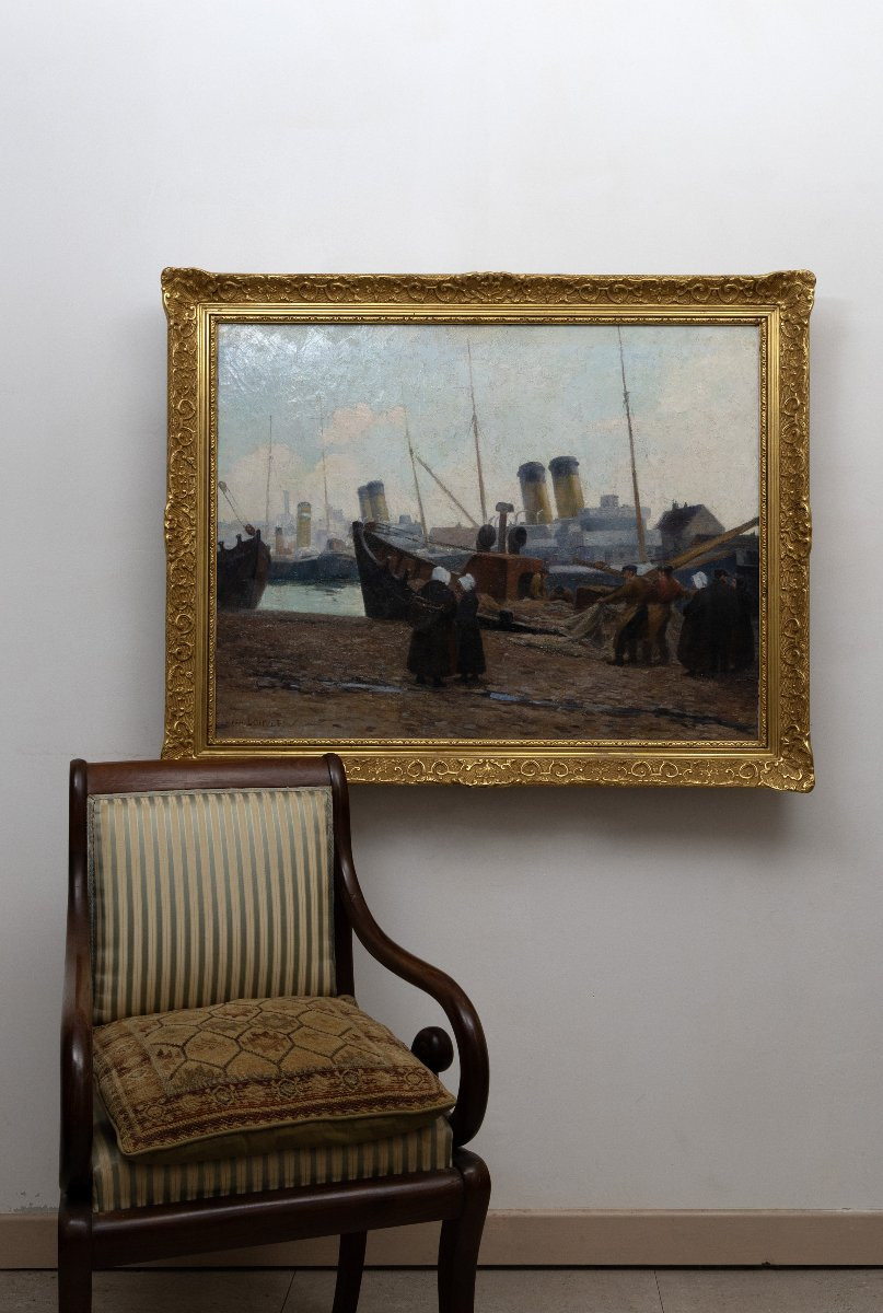 Henri Eugène Louvet – Sailors At Work, Port Of Brittany - Oil On Canvas – Signed -photo-7
