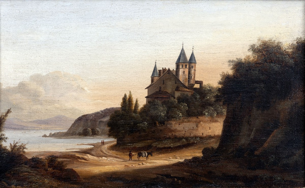 Pierre-Nicolas WÉRY – Paysage fluvial au château – Huile sur toile – Début XIXe