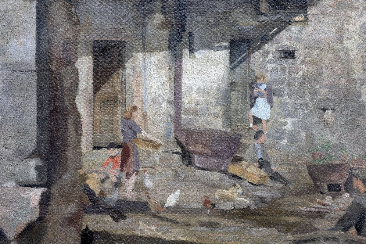 Henri ROCHE - Cour de ferme en Ardèche - Huile sur toile - Vers 1940-photo-1