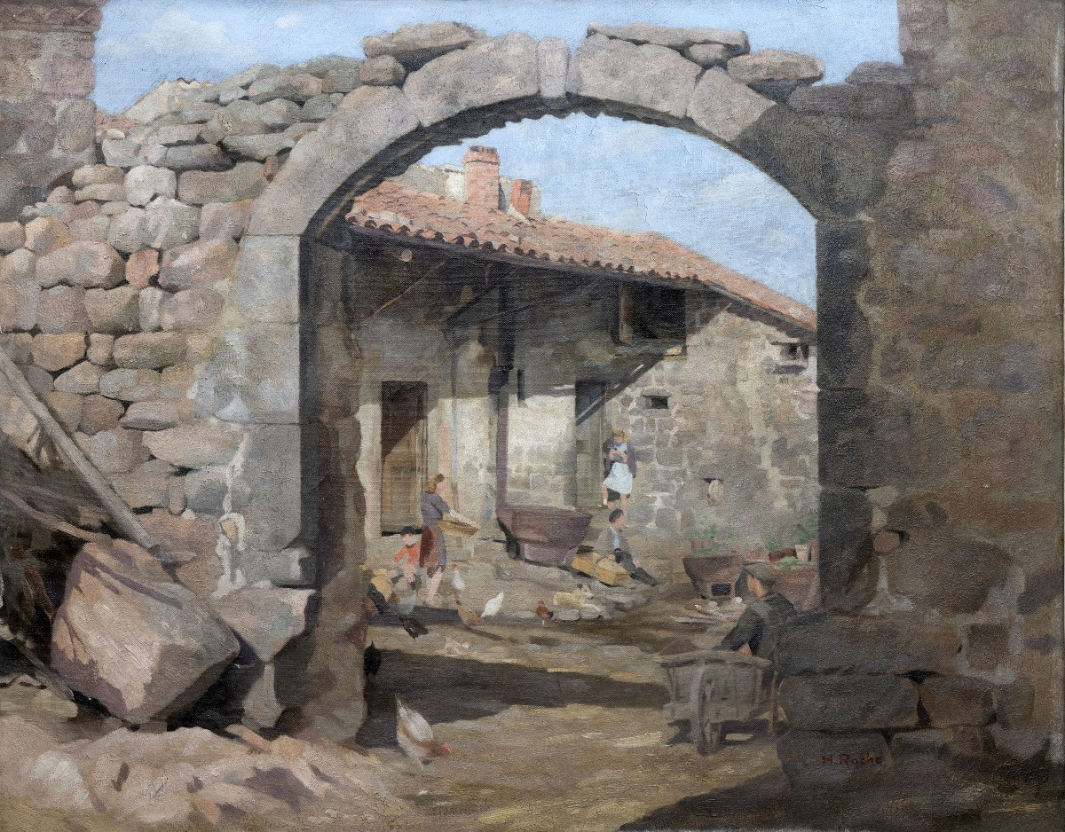 Henri ROCHE - Cour de ferme en Ardèche - Huile sur toile - Vers 1940