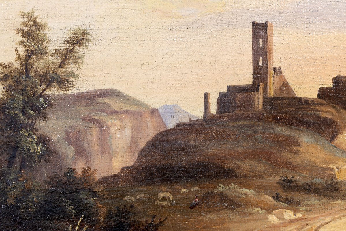 Pierre-nicolas Wéry – Lively Landscape With Medieval Ruins – Oil On Canvas – Early 19th Century-photo-3