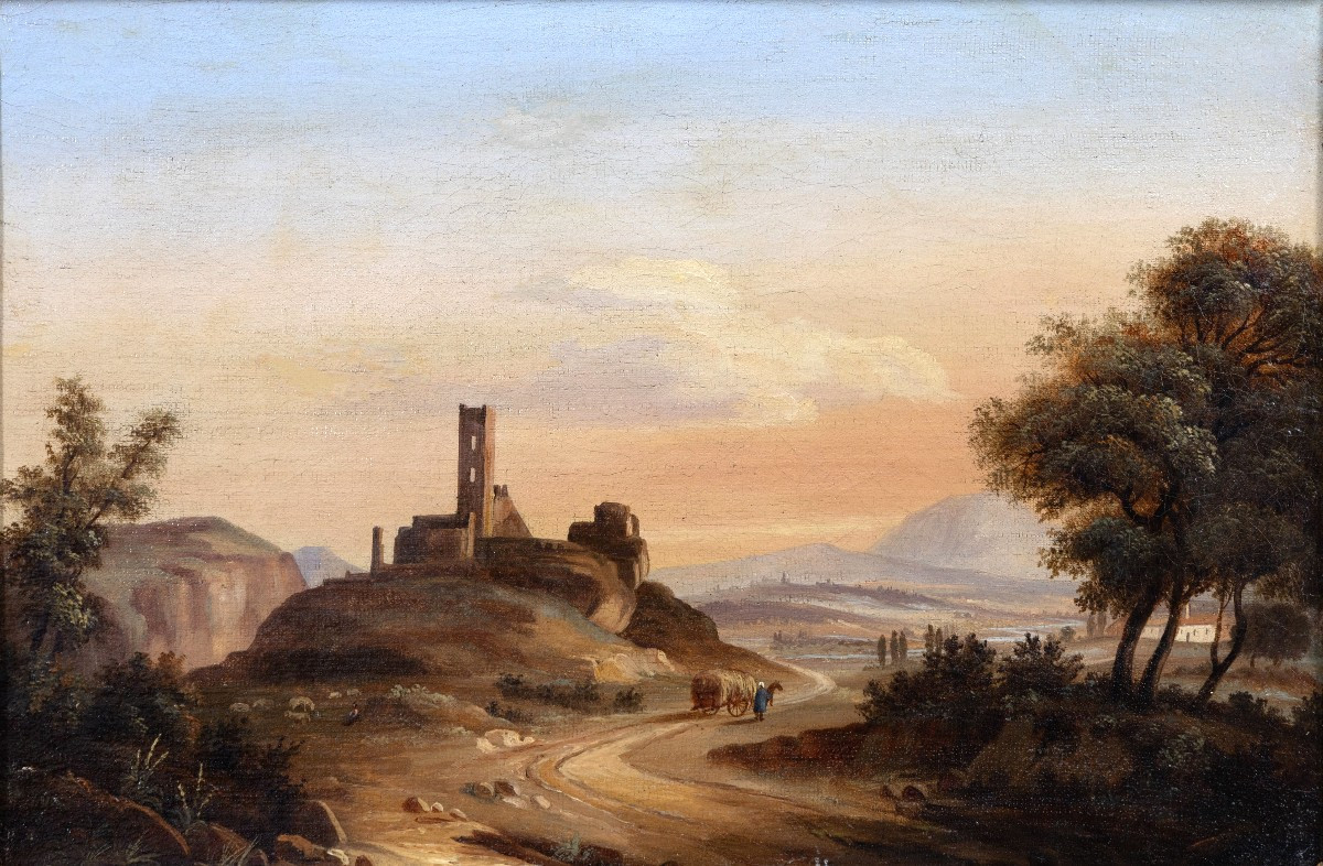 Pierre-nicolas Wéry – Lively Landscape With Medieval Ruins – Oil On Canvas – Early 19th Century