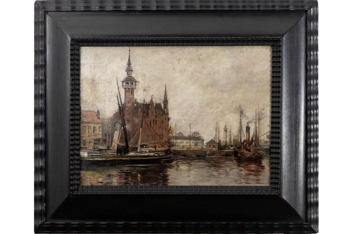 Belgian School, Late 19th Century – View Of The Port Of Ostend, The Emperor's Quay – Oil On Cardboard-photo-2