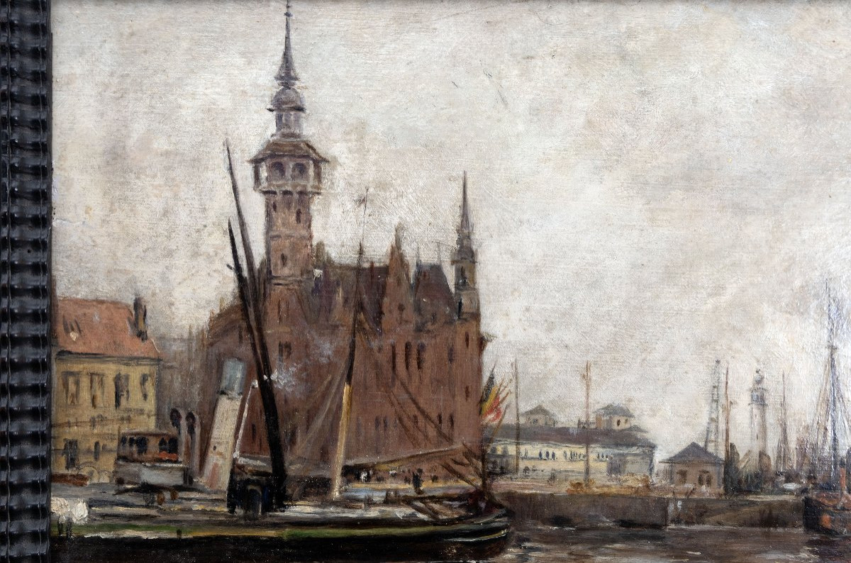 Belgian School, Late 19th Century – View Of The Port Of Ostend, The Emperor's Quay – Oil On Cardboard-photo-4