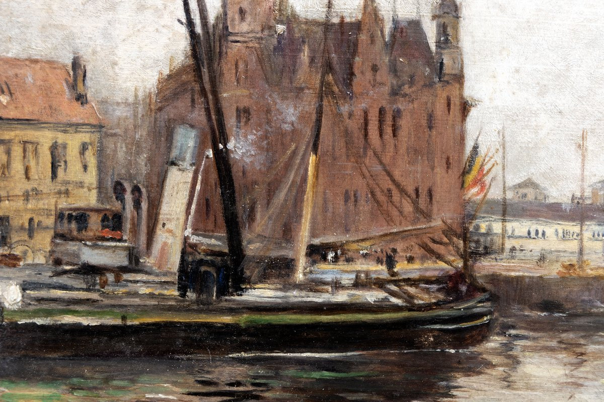 Belgian School, Late 19th Century – View Of The Port Of Ostend, The Emperor's Quay – Oil On Cardboard-photo-3