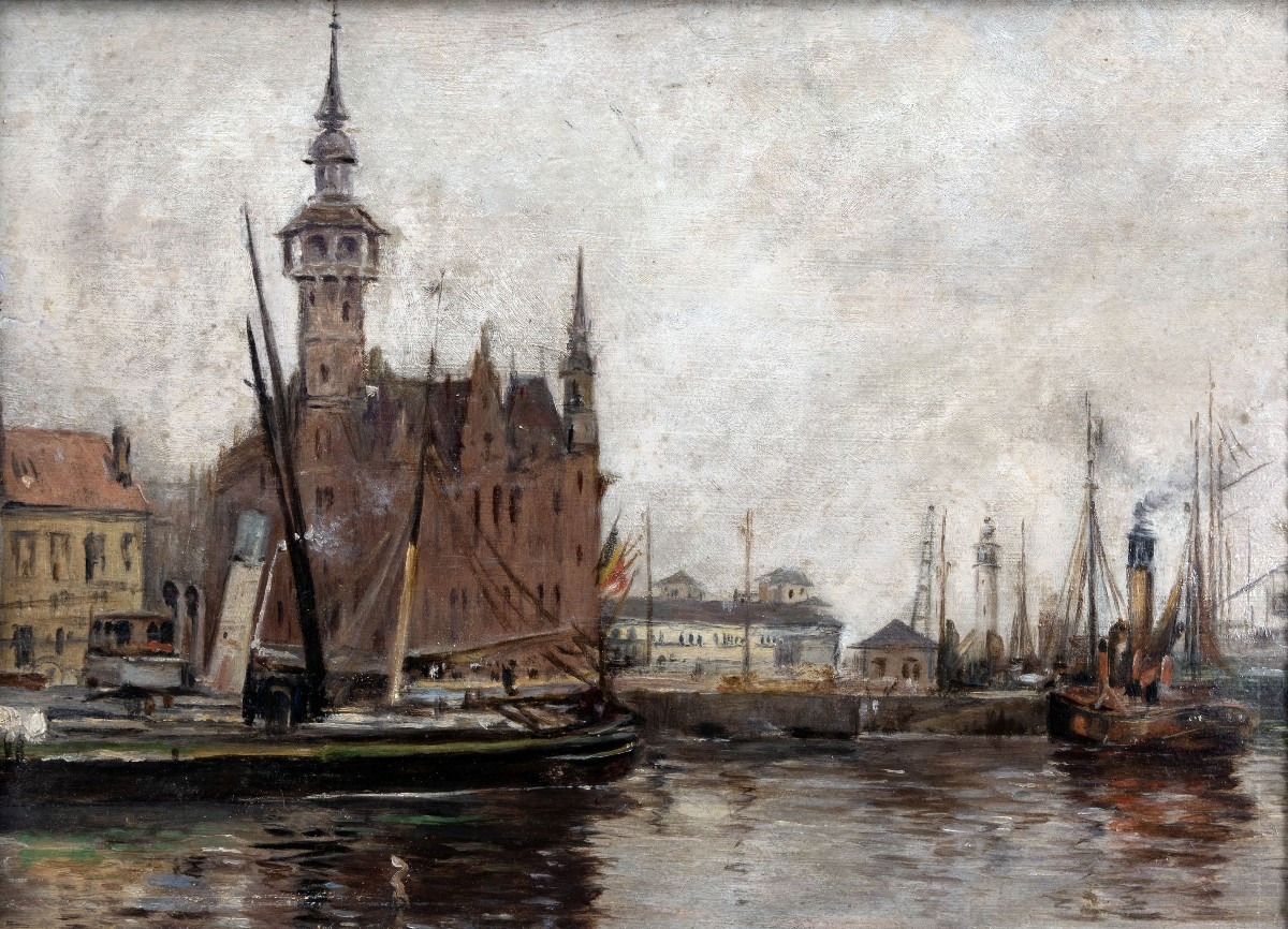 Belgian School, Late 19th Century – View Of The Port Of Ostend, The Emperor's Quay – Oil On Cardboard