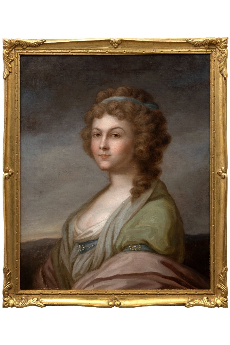 French Or German School - Portrait Of A Woman With A Green Scarf - Oil On Canvas - 18th Century-photo-2