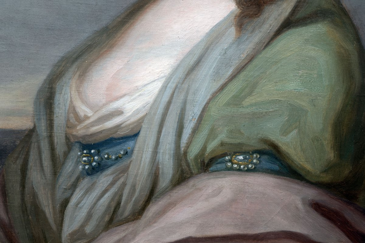 French Or German School - Portrait Of A Woman With A Green Scarf - Oil On Canvas - 18th Century-photo-3