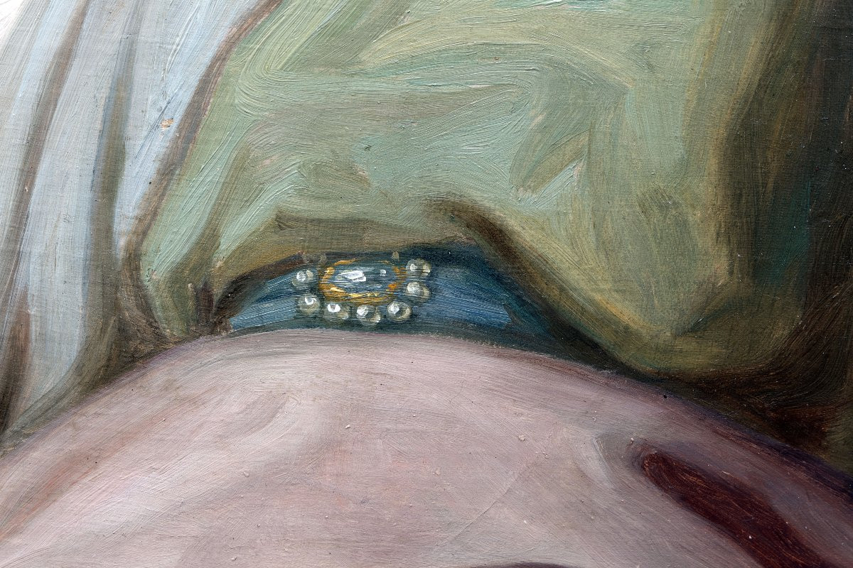 French Or German School - Portrait Of A Woman With A Green Scarf - Oil On Canvas - 18th Century-photo-4