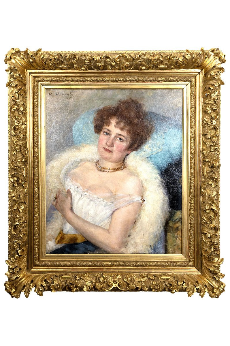 A. CONSTANTIN – Portrait de femme au boa de plumes – Huile sur toile – Signée - Fin XIXe-photo-2