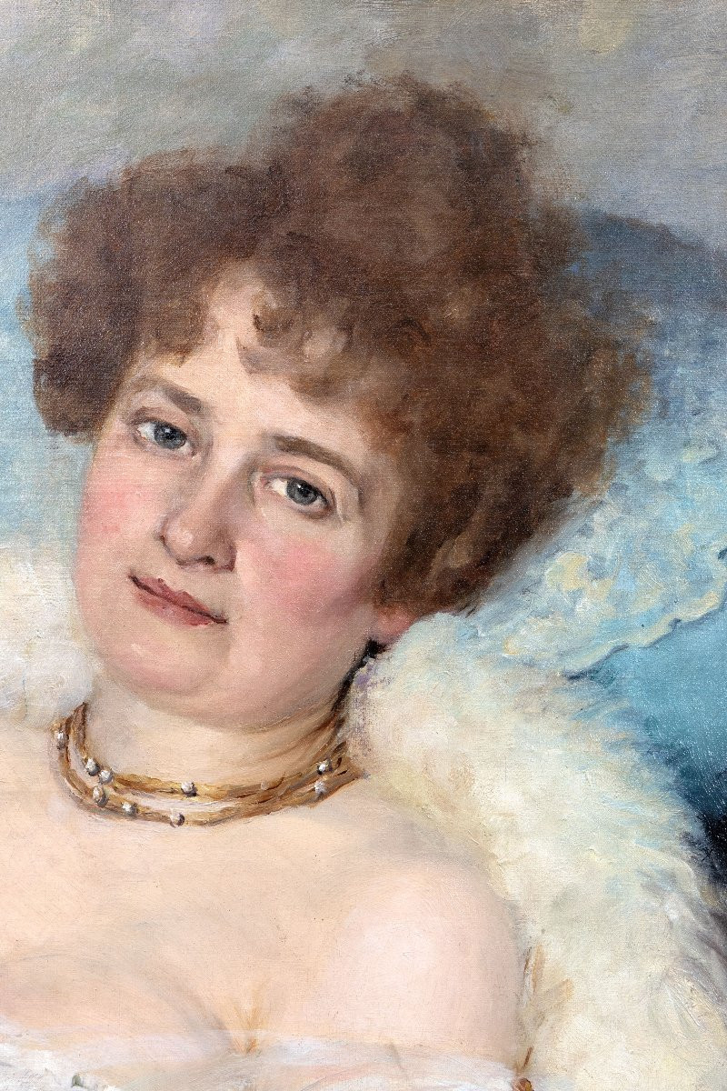 A. CONSTANTIN – Portrait de femme au boa de plumes – Huile sur toile – Signée - Fin XIXe-photo-1