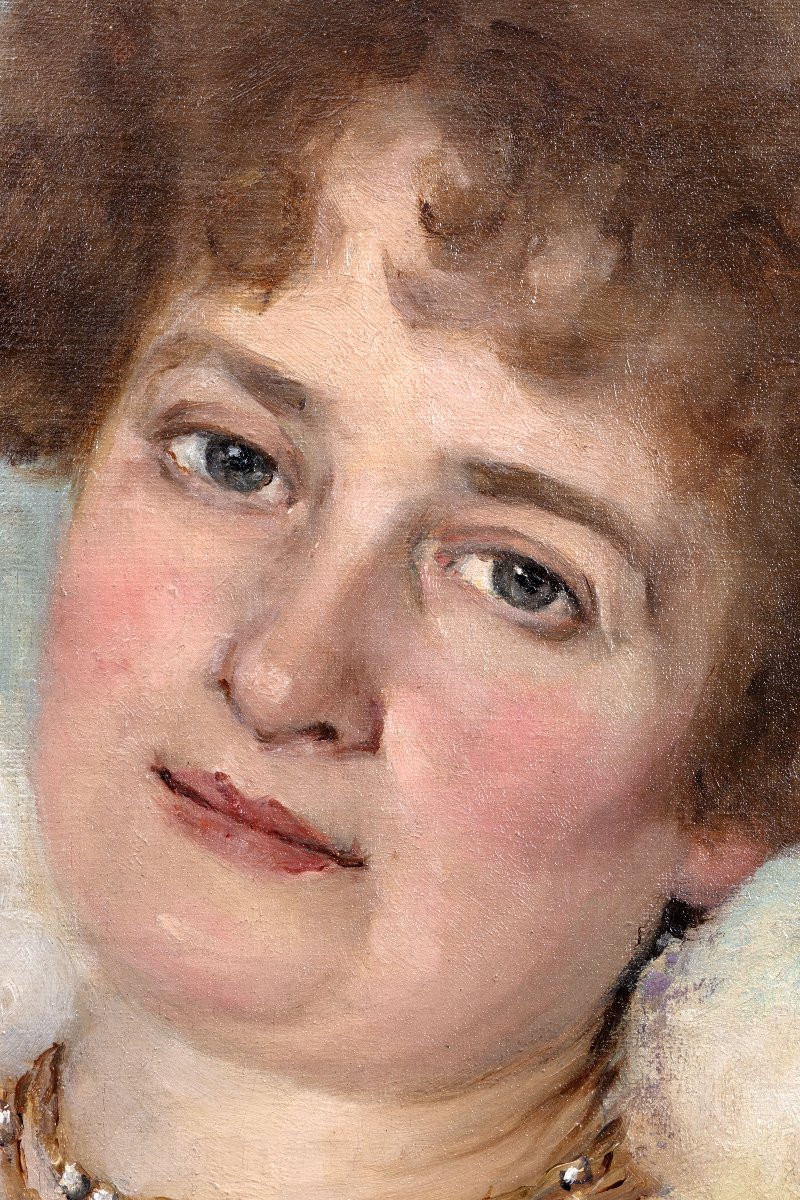 A. CONSTANTIN – Portrait de femme au boa de plumes – Huile sur toile – Signée - Fin XIXe-photo-2