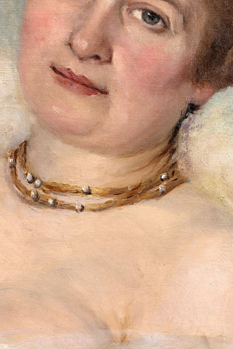 A. CONSTANTIN – Portrait de femme au boa de plumes – Huile sur toile – Signée - Fin XIXe-photo-3