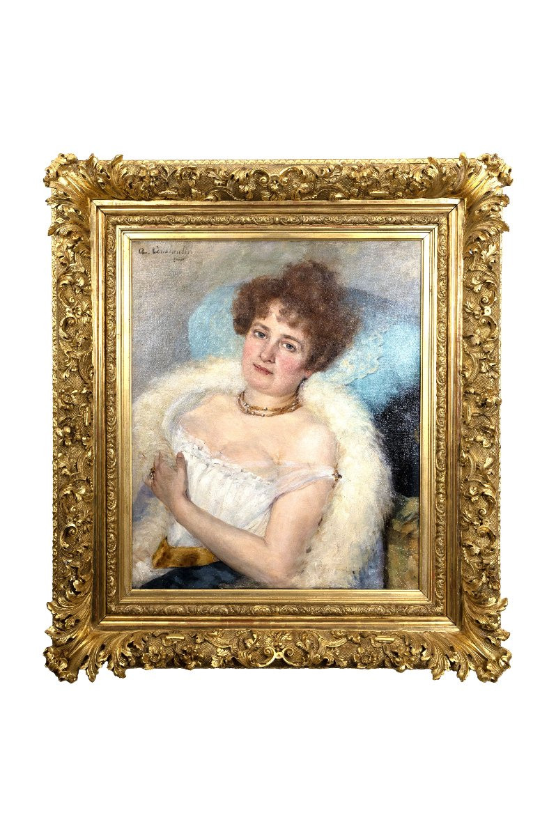 A. CONSTANTIN – Portrait de femme au boa de plumes – Huile sur toile – Signée - Fin XIXe-photo-7