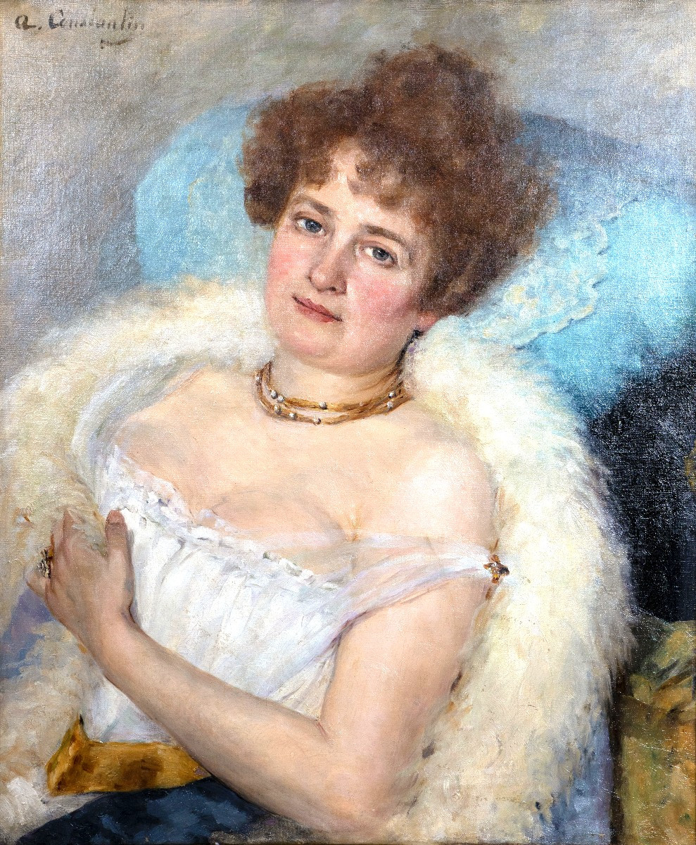 A. CONSTANTIN – Portrait de femme au boa de plumes – Huile sur toile – Signée - Fin XIXe