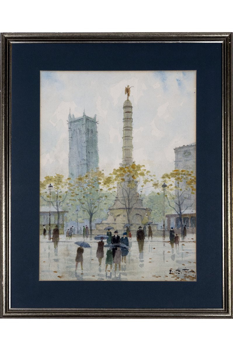 Ernest Berthier - Place Du Châtelet, Paris - Watercolor - Signed-photo-2