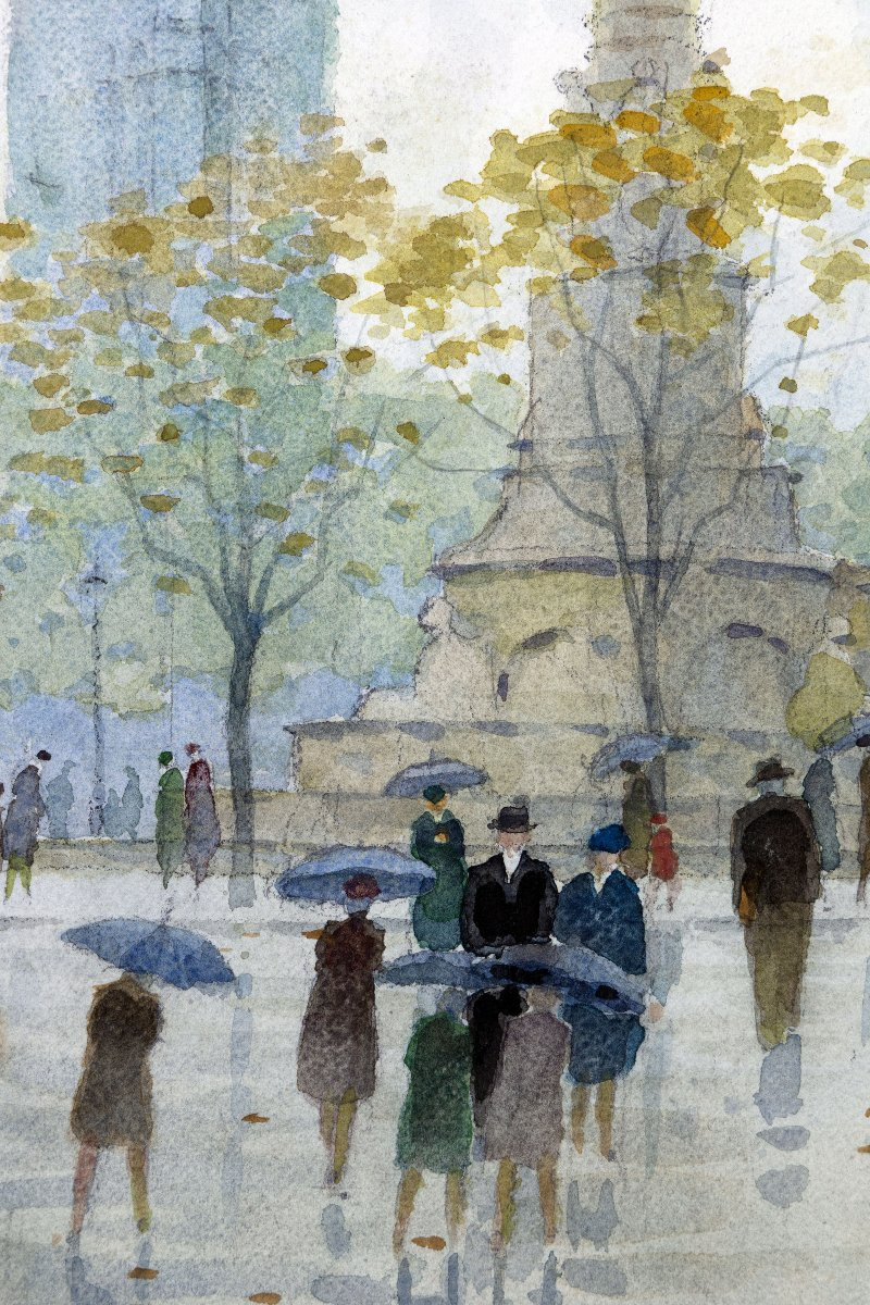 Ernest Berthier - Place Du Châtelet, Paris - Watercolor - Signed-photo-1