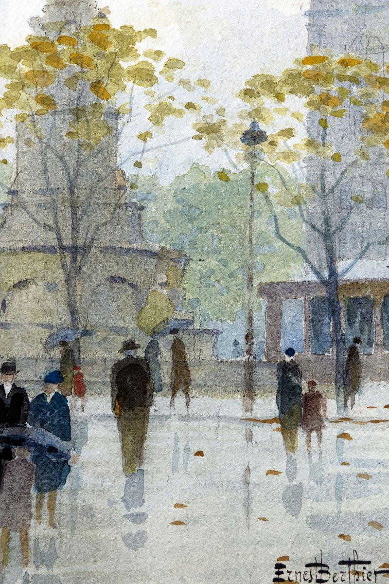 Ernest Berthier - Place Du Châtelet, Paris - Watercolor - Signed-photo-2