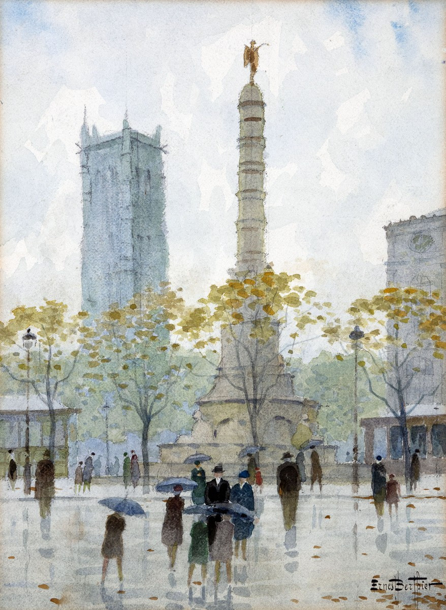 Ernest Berthier - Place Du Châtelet, Paris - Watercolor - Signed