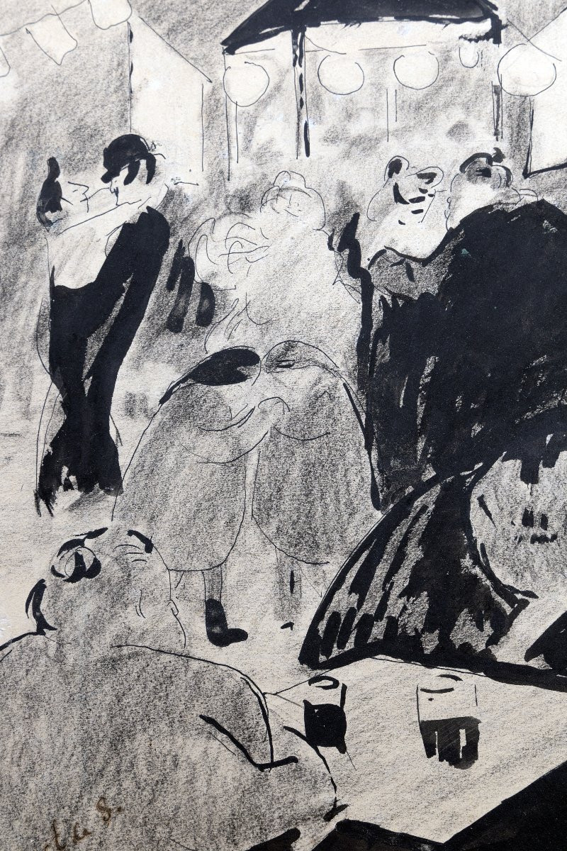 André DUNOYER DE SEGONZAC – Scène de bal populaire – Dessin à l’encre – Monogrammé – Vers 1930-photo-4