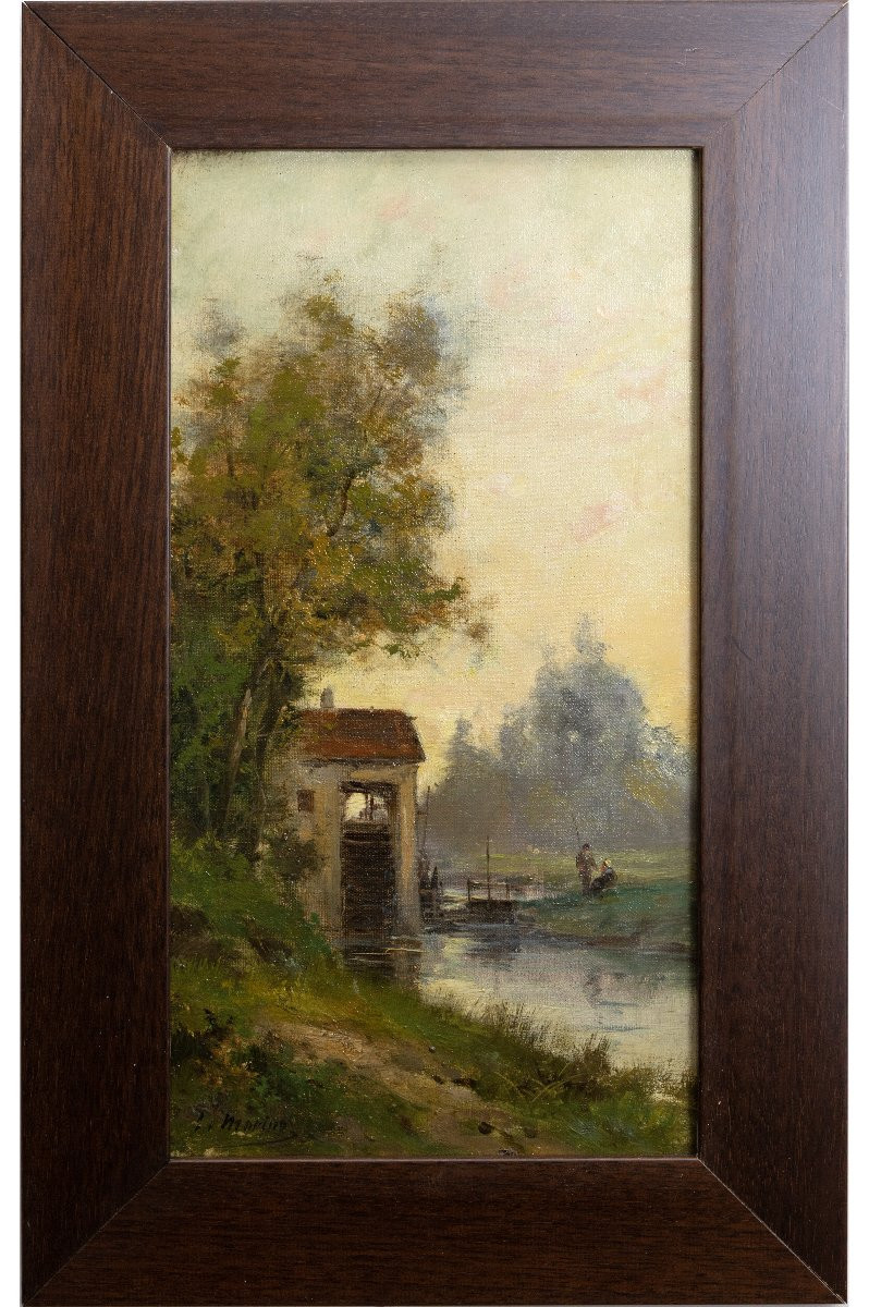 E. MARINO – Crépuscule sur la rivière au moulin – Huile sur toile – Signée -photo-2