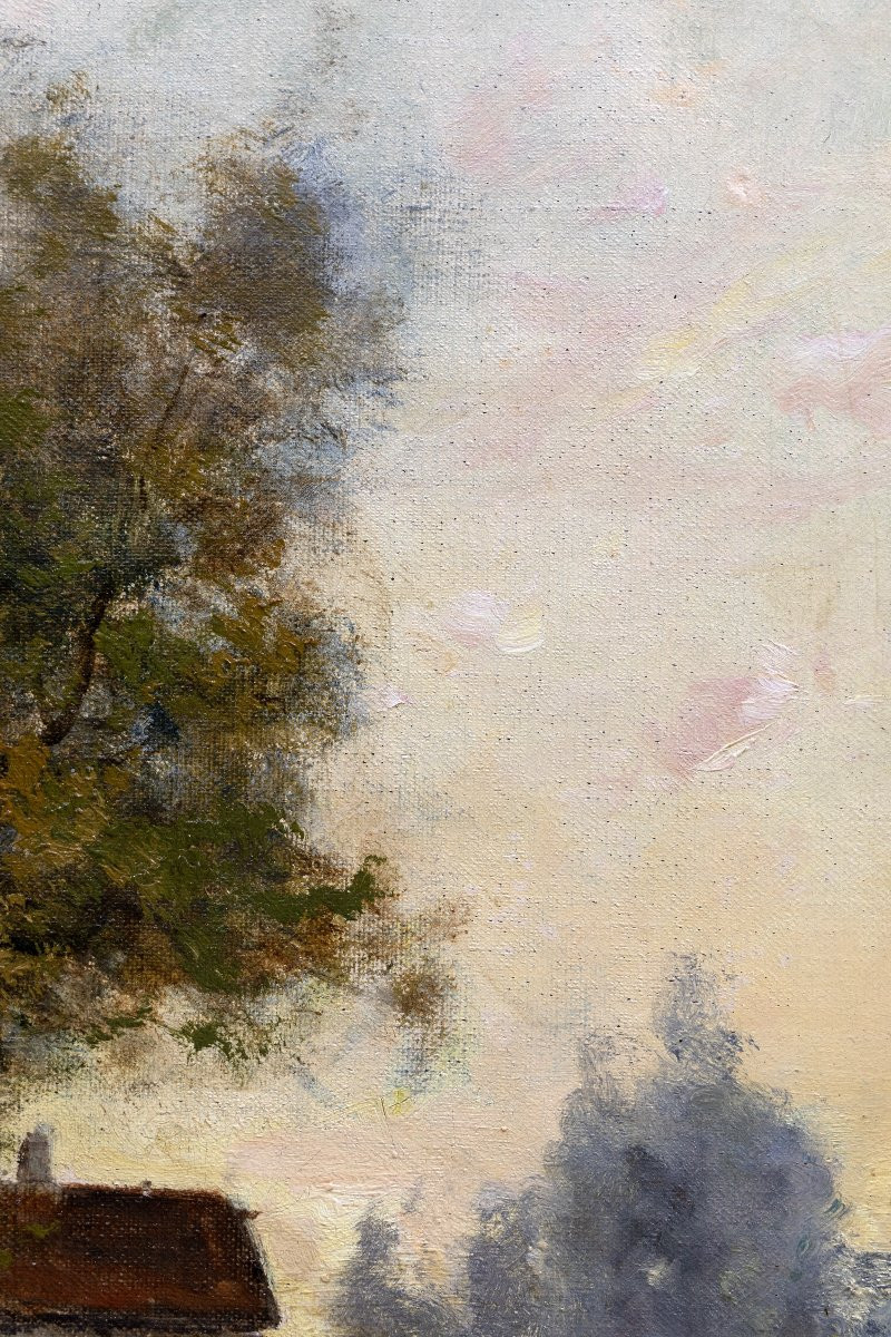 E. MARINO – Crépuscule sur la rivière au moulin – Huile sur toile – Signée -photo-3