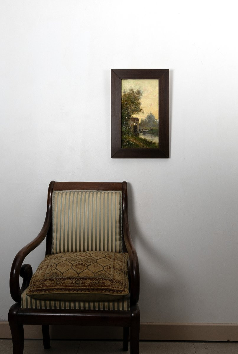 E. MARINO – Crépuscule sur la rivière au moulin – Huile sur toile – Signée -photo-6