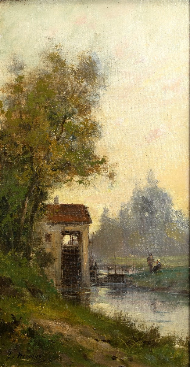 E. MARINO – Crépuscule sur la rivière au moulin – Huile sur toile – Signée 
