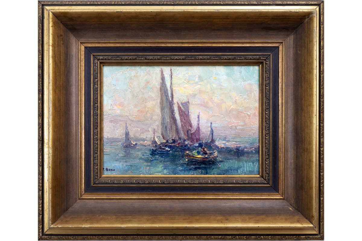 Primitif Bono - Barques De Pêche Par Temps Calme - Oil On Cardboard - Signed-photo-2