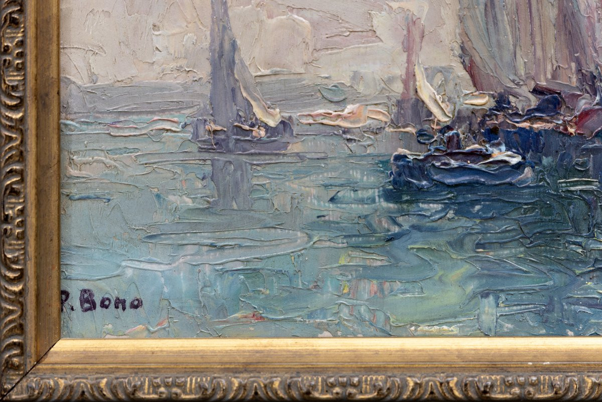 Primitif Bono - Barques De Pêche Par Temps Calme - Oil On Cardboard - Signed-photo-3