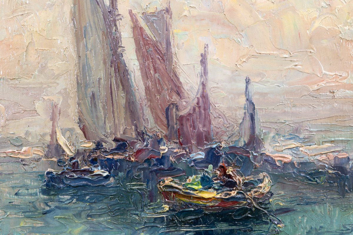 Primitif Bono - Barques De Pêche Par Temps Calme - Oil On Cardboard - Signed-photo-1