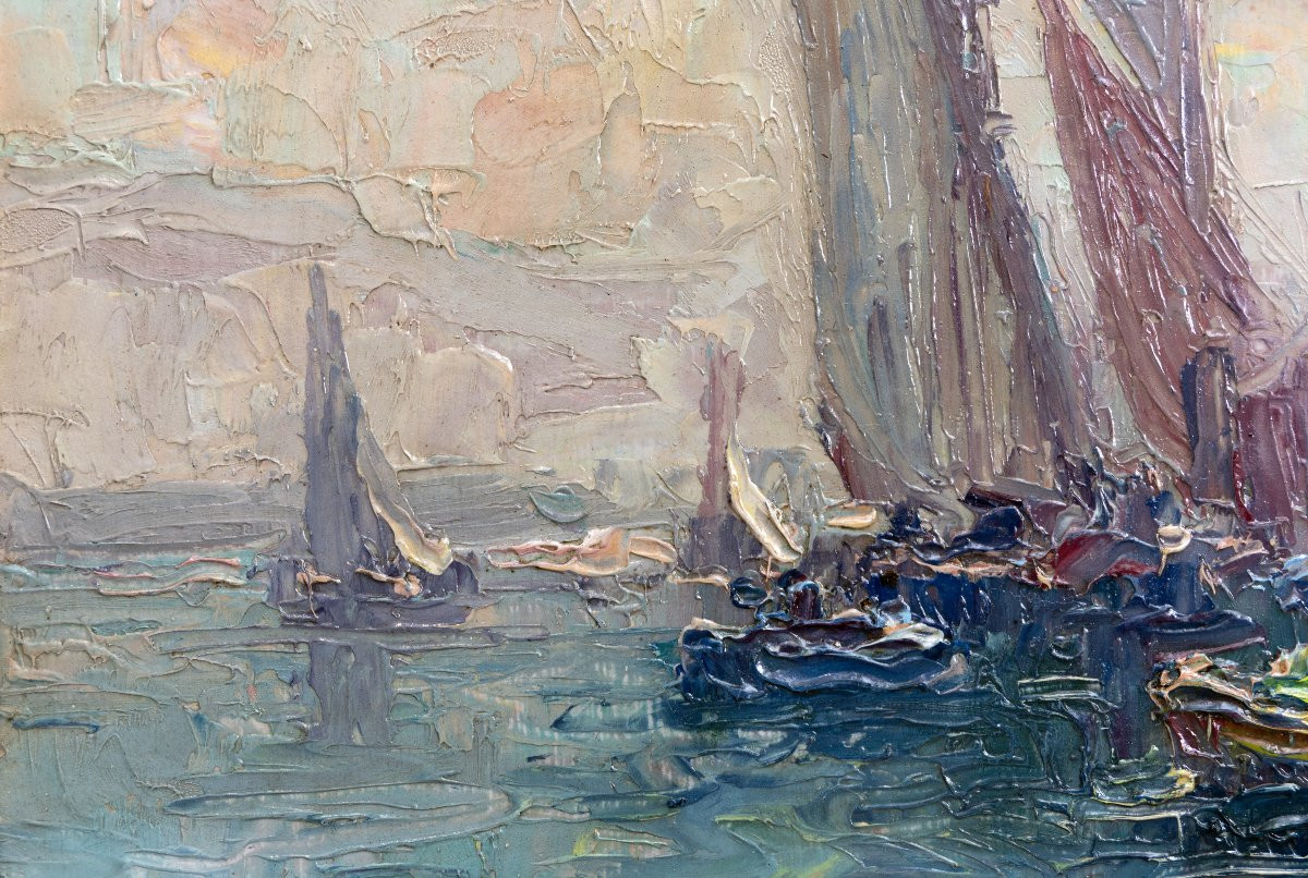 Primitif Bono - Barques De Pêche Par Temps Calme - Oil On Cardboard - Signed-photo-2