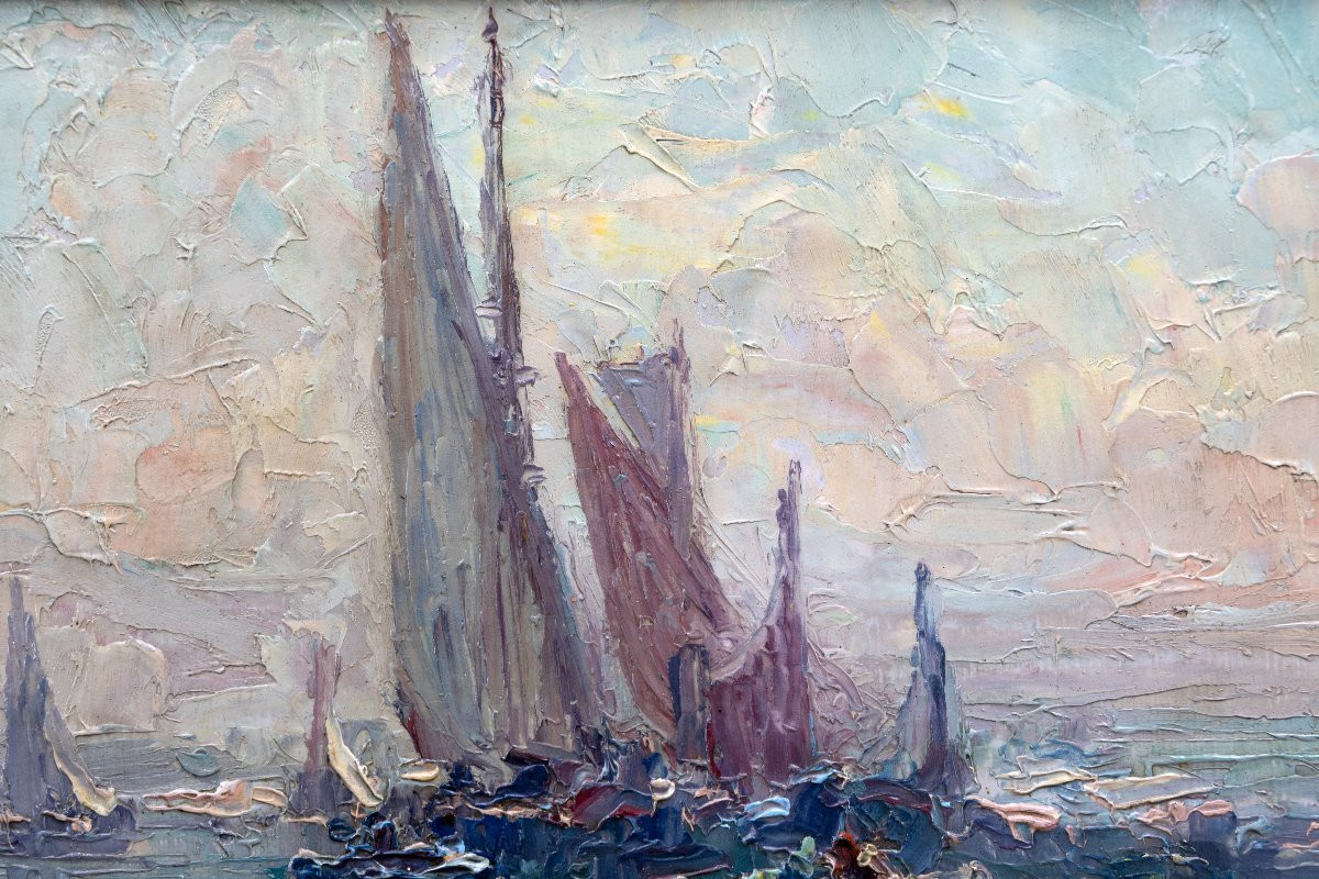 Primitif Bono - Barques De Pêche Par Temps Calme - Oil On Cardboard - Signed-photo-3