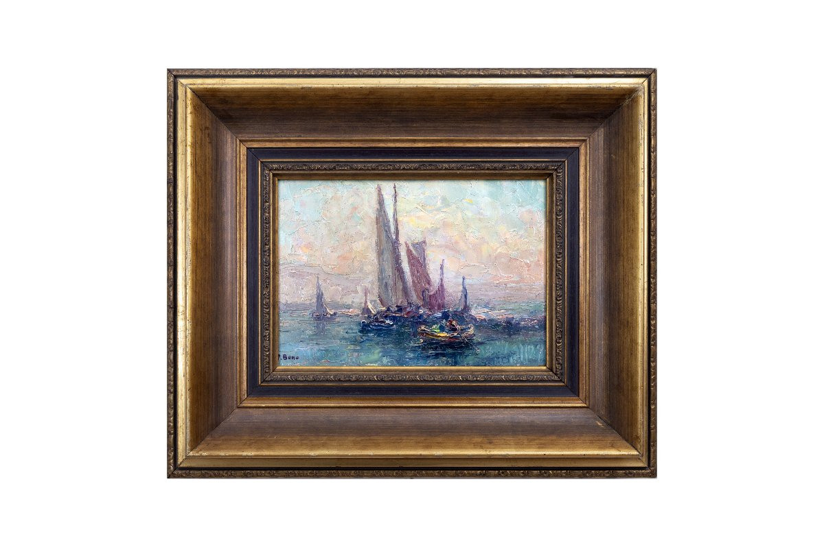 Primitif Bono - Barques De Pêche Par Temps Calme - Oil On Cardboard - Signed-photo-4