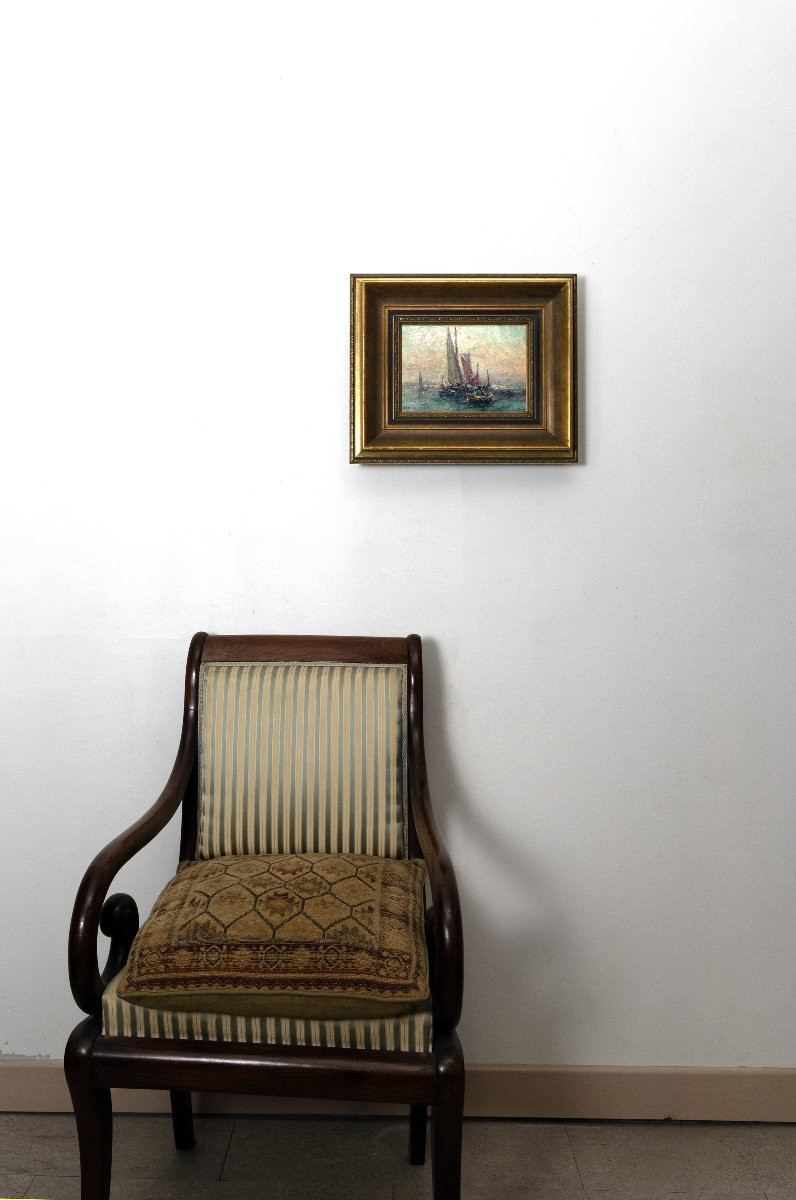 Primitif Bono - Barques De Pêche Par Temps Calme - Oil On Cardboard - Signed-photo-5