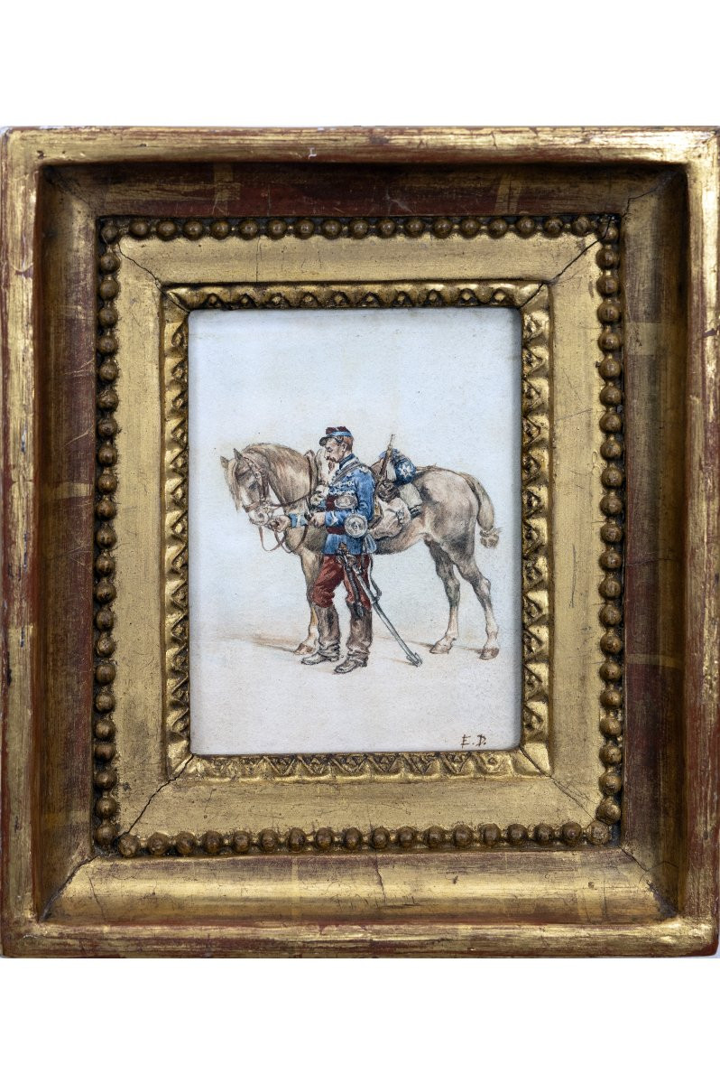 Edouard Detaille - Cavalier Du Second Hussard - Watercolor - Monogrammed - About 1890-photo-2
