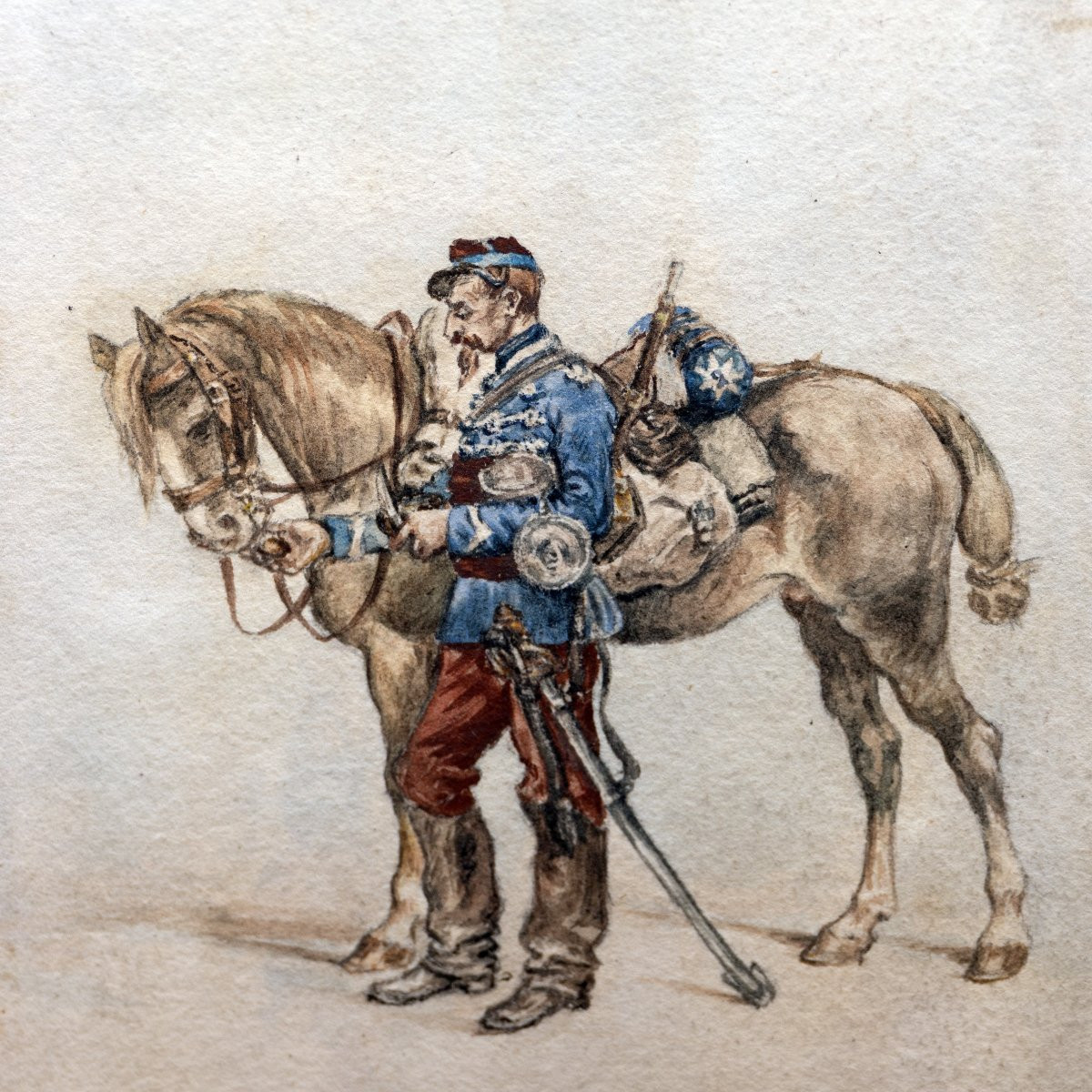 Edouard Detaille - Cavalier Du Second Hussard - Watercolor - Monogrammed - About 1890-photo-1