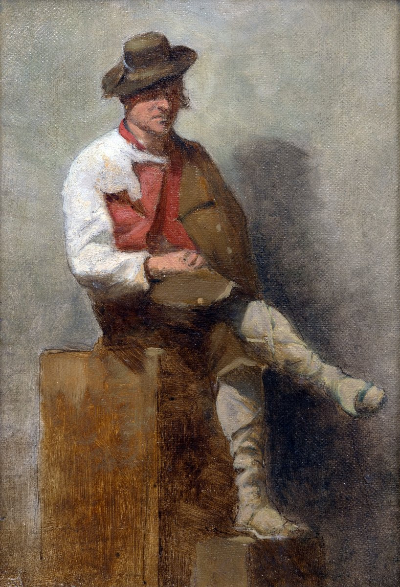 Paire d’études de paysans italiens en costumes traditionnels – Huiles sur toile – XIXe-photo-3