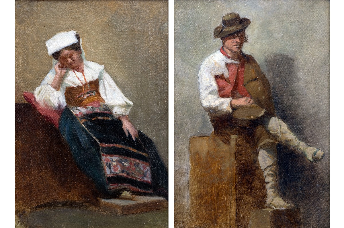 Paire d’études de paysans italiens en costumes traditionnels – Huiles sur toile – XIXe