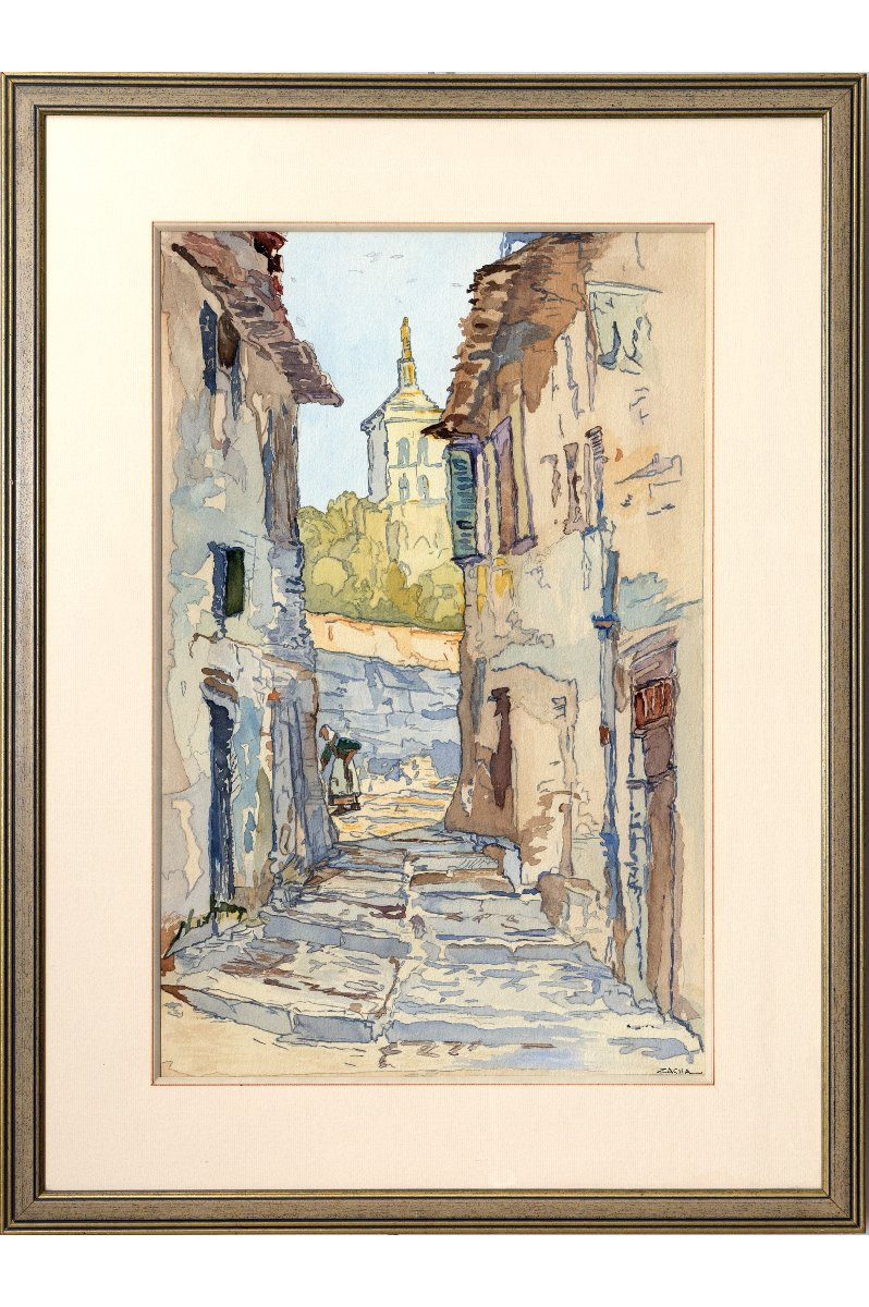 Avignon, rue de la vieille ville et clocher de Notre-Dame des Doms – Aquarelle – Signée -photo-2